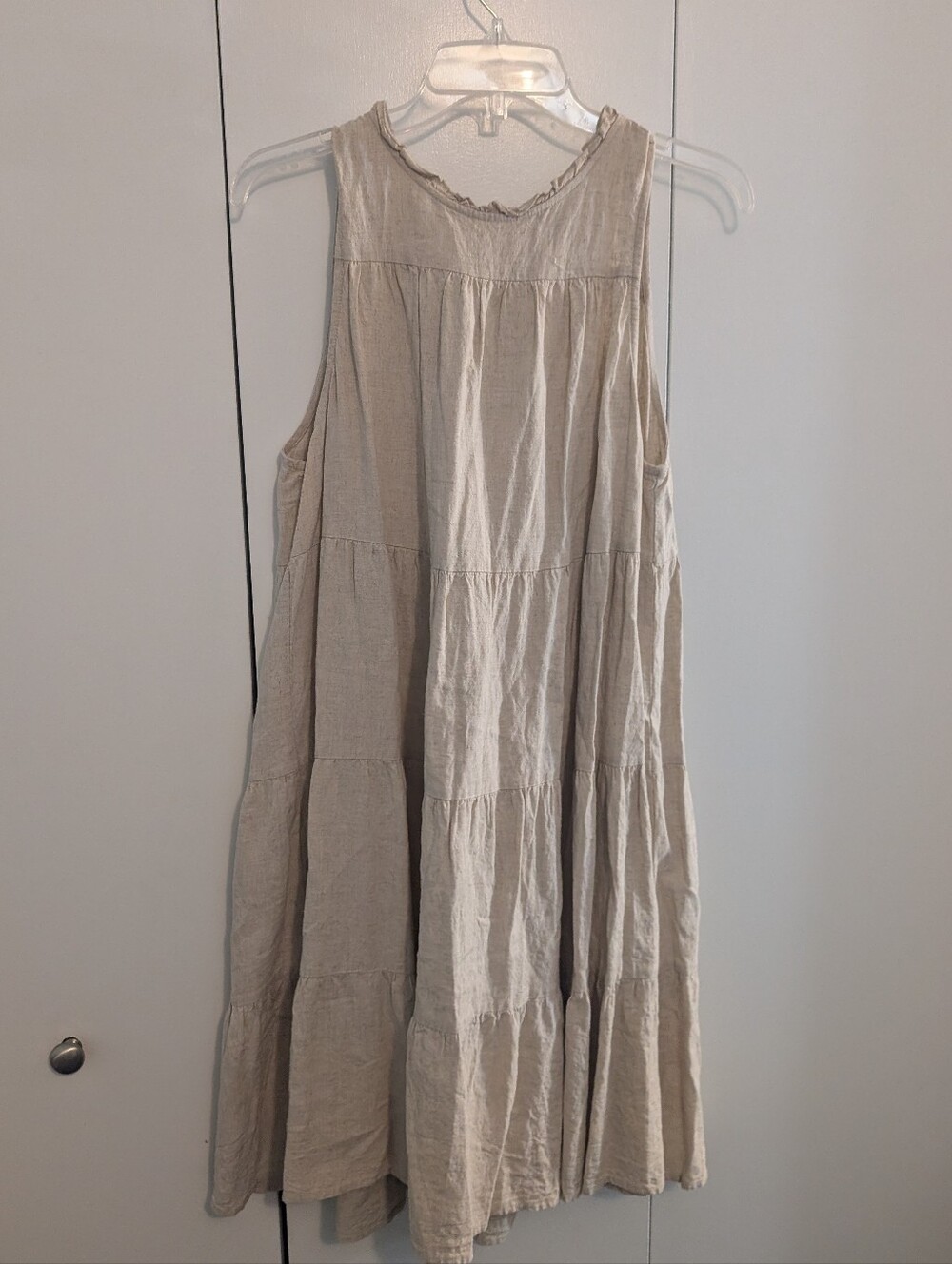 Falls Creek Sleeveless Tiered Midi Dress Natural Beige Tan Ruffle High Neck